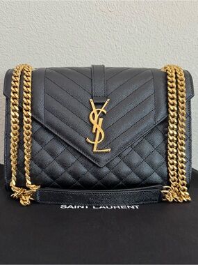 Saint Laurent Medium Triquilt Envelope Grained Leather Chain Bag in Black